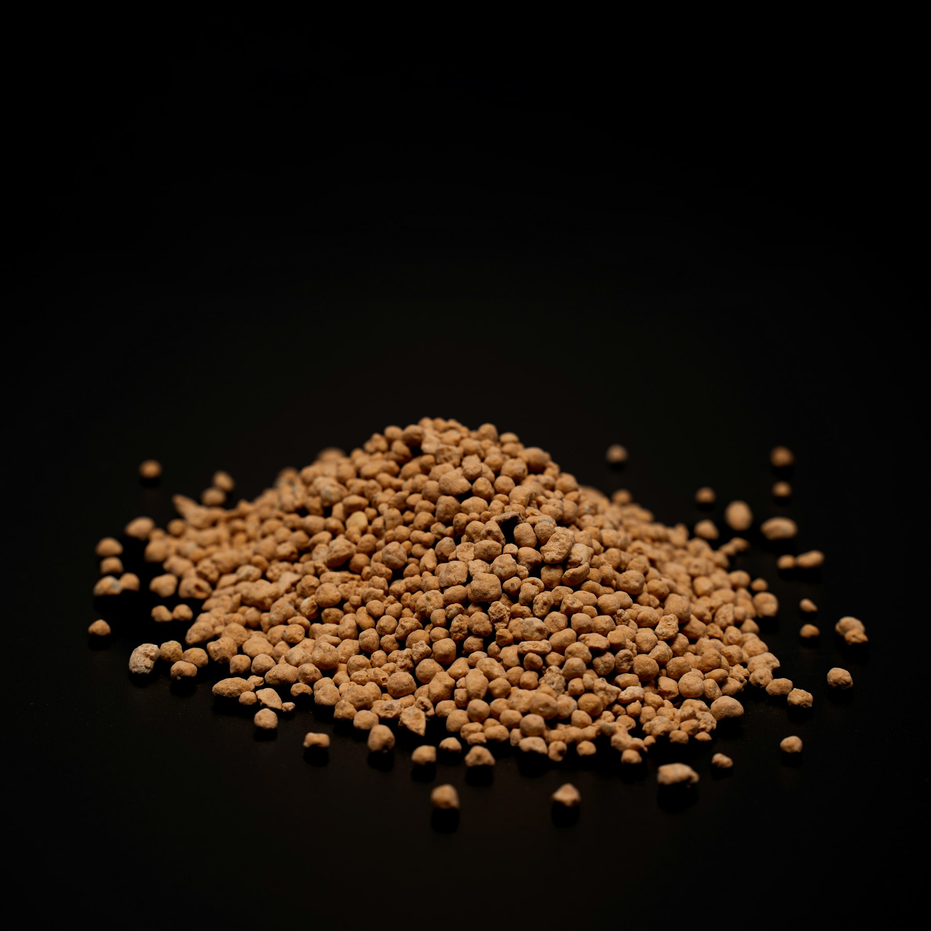 Pile of small, light brown granular material on black.